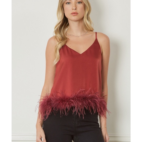 🍁🍁🍁ENTRO feathered Trimmed Spaghetti Strap in Rust🍁🍁🍁 - Picture 7 of 12